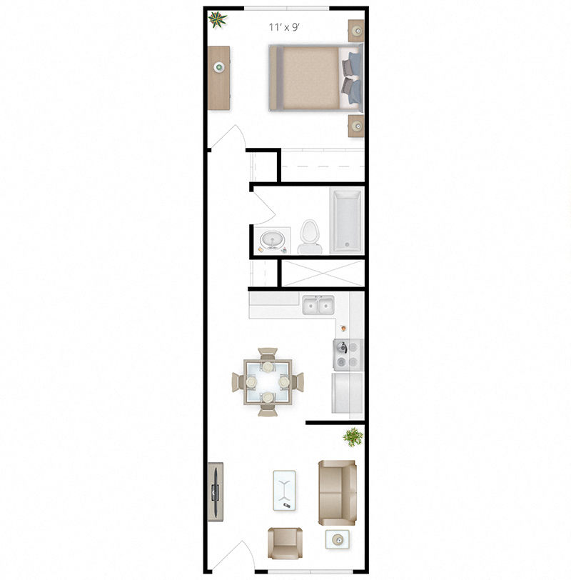 Floor plan for 1 bed, 1 bath, 500 sqft